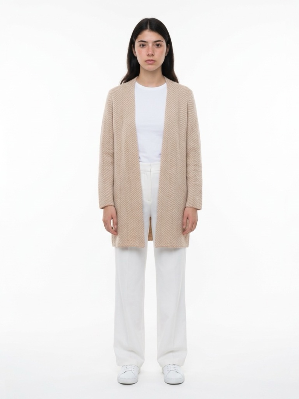 LOFT Beige Open Front Chevron Knit Cardigan